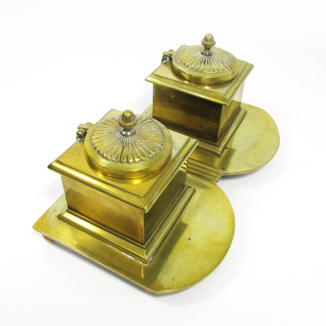 Antique Brass Double Inkwell // Egyptian Revival Inkwell // Porcelain ...