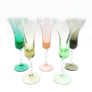 Set of 5 Jewel tone Twist stem flutes by Blefeld Portugal 7&quot; Tall