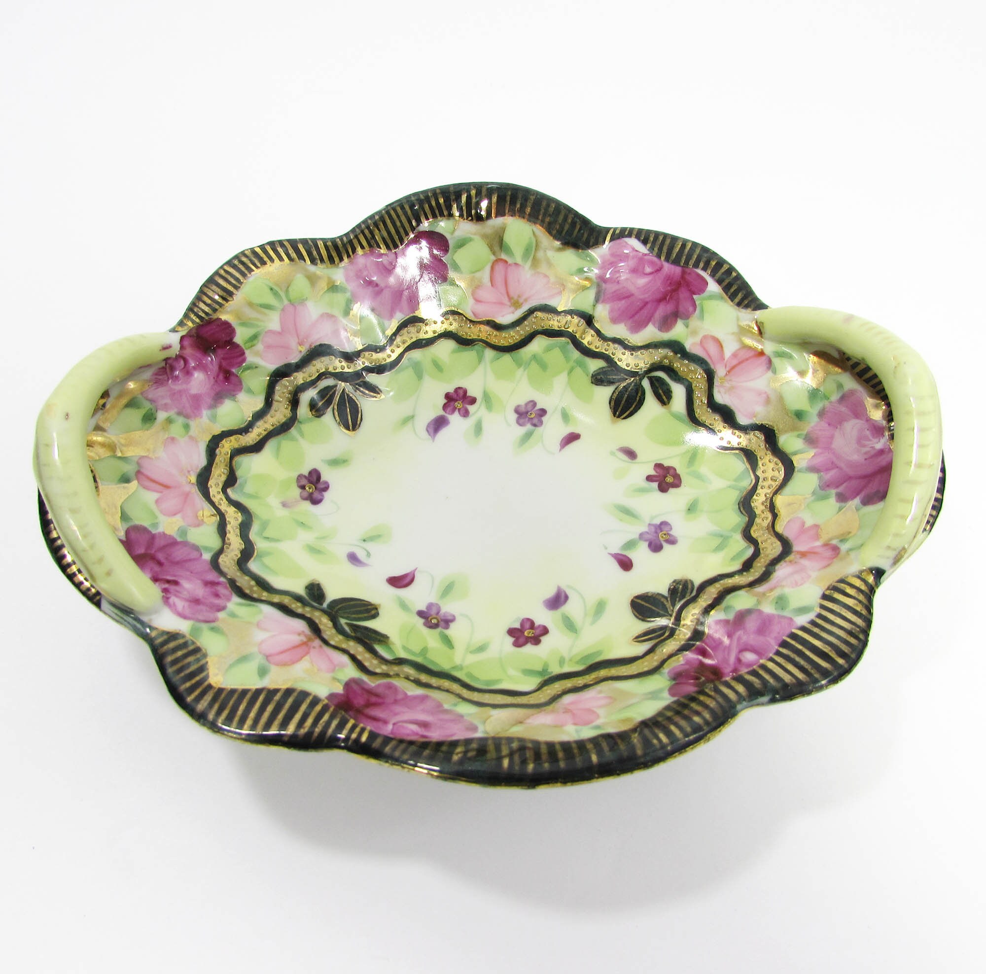 ボンボン様 Antique Oval Porcelain Bonbon Bowl: Lime Green Roses, Gilt Accent