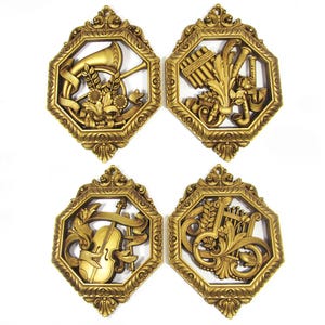 Vintage Musical Gold Wall Plaques Set of 4 // Homco 1970s // Mid Century Modern Wall Decor