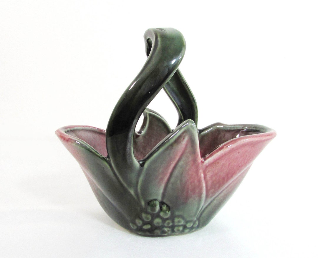 Vintage Burgundy & Green Ceramic Basket Leaves and Berries Design Etsy