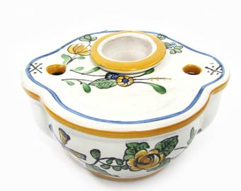 Antique French Faience Inkwell signed MA  - Hand painted floral design