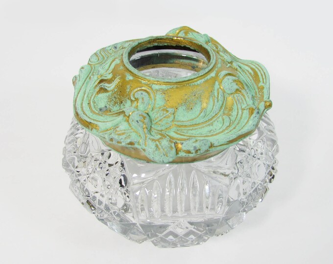 Antique Deep Pressed Glass Hair Receiver With Verdigris Finish Etsy