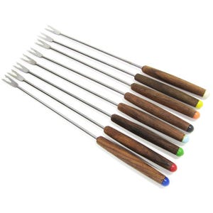Vintage Stainless Steel Fondue Fork Set in original box - 8 pc set - Wood Handle