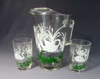 Vintage Swans and lily pads Juice pitcher and 2 glasses - 1950s-60s