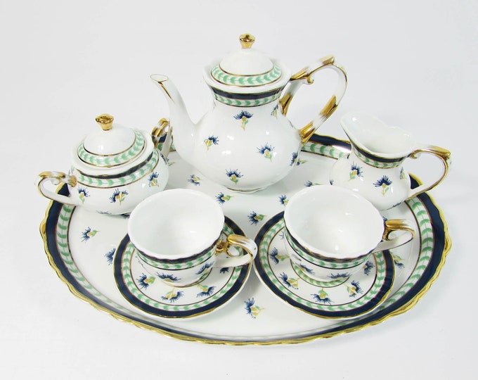 Vintage Regal Miniature Bone China Tea Set for Two, Navy & Green