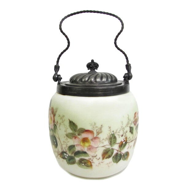 Opalware Biscuit Jar Wild Roses Floral - Twisted Metal Handle & Lid - Hand Painted