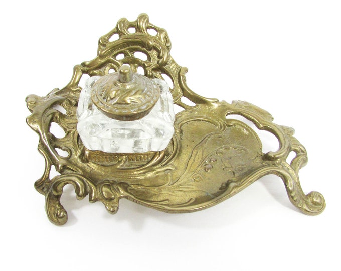 Antique Ornate Brass Inkwell With Crystal Ink Bottle - Etsy