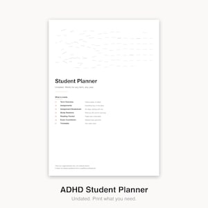 May include: A white student planner page featuring black text and a list of contents including Term Overview, Assignments, Assignment Breakdown, Study Sessions, Reading Tracker, Exam Countdown, and Timetable, with a header reading Student Planner.