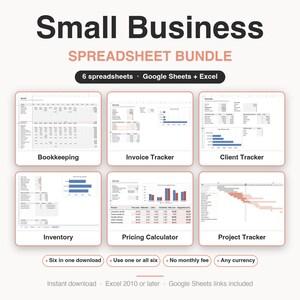 May include: A digital small business spreadsheet bundle featuring six templates for Google Sheets and Excel. Includes bookkeeping, invoice tracker, client tracker, inventory, pricing calculator, and project tracker with charts, tables, and data fields.