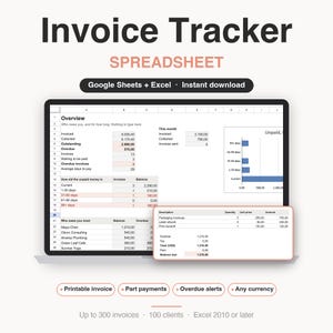Può includere: Un modello di foglio di calcolo digitale Invoice Tracker per Google Sheets ed Excel. L'interfaccia mostra una dashboard con dati finanziari, grafici sull'invecchiamento delle fatture e una tabella dettagliata. Include fatture stampabili, pagamenti parziali, avvisi di scadenza e supporto per qualsiasi valuta per un massimo di 300 fatture e 100 clienti.