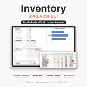 May include: An inventory spreadsheet template for Google Sheets and Excel displayed on a screen. The interface features data tables tracking items, stock values, and reorder alerts, alongside a bar chart titled Stock value by category.