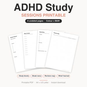 以下が含まれることがあります： 黒い文字が印刷された白い紙のADHD Study Sessions印刷可能なプランナーページセット。コレクションには、Session Planner、Block Tracker、Break Menu、Revision Mapが含まれています。ヘッダーにはADHD Study SESSIONS PRINTABLE, 6 undated pages, Colour + B&W, Study blocks, Break menu, Revision map, What I learned, Printable PDF, A4 + US Letter, Instant downloadと記載されています。