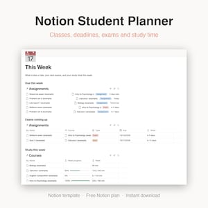 Puede incluir: Una plantilla digital de planificador estudiantil para Notion con un panel que incluye secciones para tareas, próximos exámenes y tiempo de estudio. La interfaz muestra listas de actividades académicas, cursos, fechas y barras de progreso.
