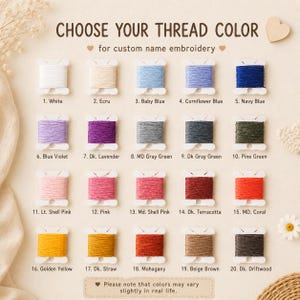 May include: A colour chart for custom name embroidery featuring twenty numbered spools of embroidery thread in various shades including white, blue, green, pink, red, yellow, and brown. The text reads CHOOSE YOUR THREAD COLOUR and Please note that colours may vary slightly in real life.
