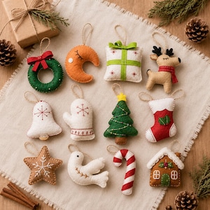 Handgefertigtes Filz-Weihnachtsornament-Set (12 Stück), Filz-Baumschmuck, Weihnachtsornament-Set, rustikale Festtagsdeko, Weihnachtsgeschenk