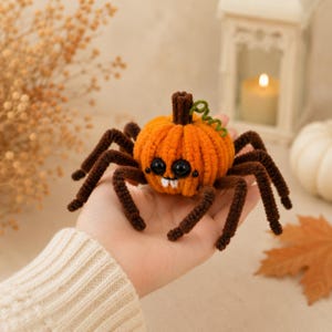 Peut inclure: Une petite figurine d'araignée artisanale faite de cure-pipes orange et marron. Le corps est une citrouille orange ronde et côtelée avec une tige marron, une vrille verte, deux grands yeux en perles noires et deux petites dents en feutre blanc.