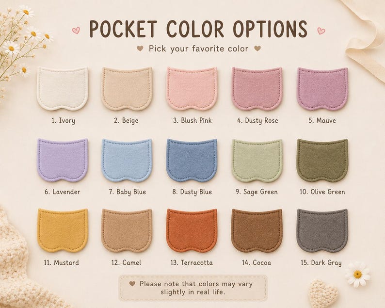May include: A colour chart titled POCKET COLOR OPTIONS displaying fifteen fabric pocket swatches in various shades including ivory, beige, blush pink, dusty rose, mauve, lavender, baby blue, dusty blue, sage green, olive green, mustard, camel, terracotta, cocoa, and dark grey.