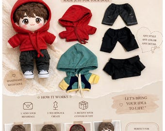 Custom Doll Clothes, Handmade Plush Doll Outfit, Made to Measure Doll Clothing Set, Personalized Doll Accessories