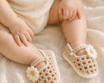 Szydełkowe sandałki dla niemowląt, buciki dla niemowląt Daisy, ręcznie robione buciki dla dziewczynek, buciki dla noworodków, prezent na baby shower, letnie sandałki dla niemowląt