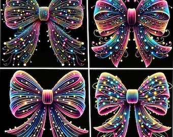 Fiocco glitterato al neon PNG Clipart / fiocco luminoso, scintillio arcobaleno, grafica per sublimazione (download digitale)