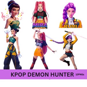 May include: Digital art featuring six stylized female characters with vibrant hair and clothing. The characters are in various poses, some holding weapons. The image includes text that reads "Zoey", "Mira", and "Rumi", along with the text "KPOP DEMON HUNTER 12PNGs".