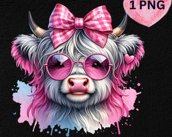 May include: A digital illustration of a Highland cow with pink-tinted sunglasses and a matching bow. The cow has white fur with pink accents and a pink nose. A pink heart with the text "1 PNG" is in the upper right corner.