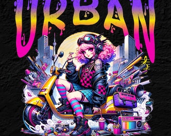 Ragazza anime urbana PNG, design streetwear di Tokyo, estetica ragazza di città cyberpunk, grafica scooter neon, maglietta a sublimazione PNG