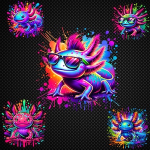 May include: A vibrant digital art print featuring five colorful axolotls. The axolotls are depicted in shades of blue, pink, purple, and green, with one wearing sunglasses. Each axolotl is surrounded by colorful paint splatters against a black background.