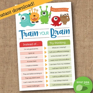 May include: A printable chart with colorful cartoon monsters and the text "Train Your Brain". The chart features two columns, "Instead of..." and "Try thinking..." with positive affirmations for children.