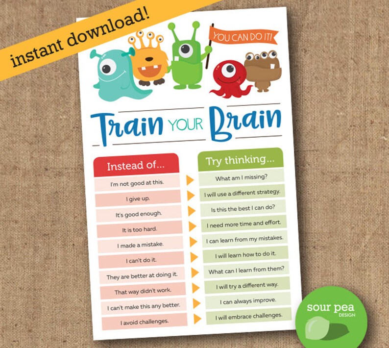 May include: A printable chart with colorful cartoon monsters and the text "Train Your Brain". The chart features two columns, "Instead of..." and "Try thinking..." with positive affirmations for children.