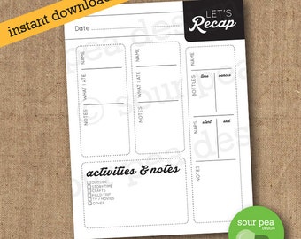 INSTANT DOWNLOAD: Let's Recap, nanny / babysitter / spouse / significant other printable daily information sheet, nanny report