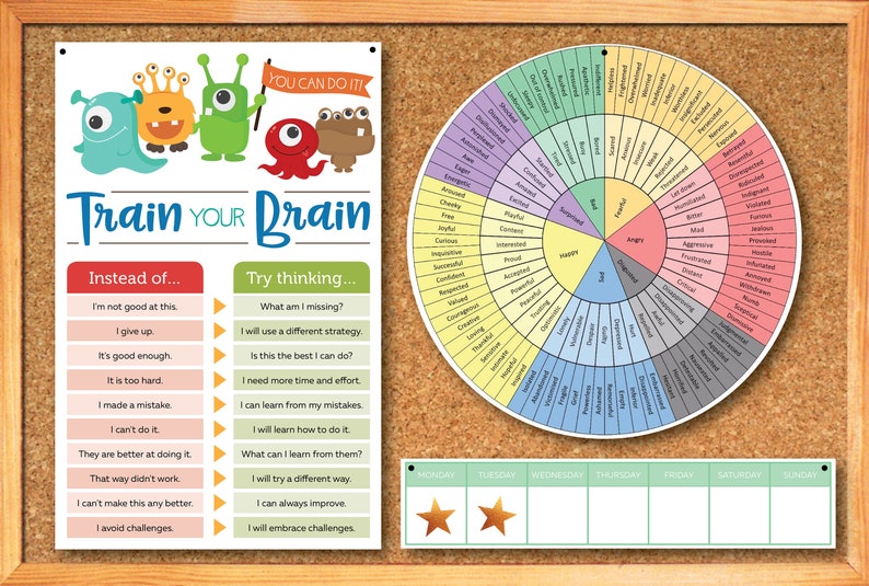 May include: A colorful chart with the words "Train Your Brain" at the top. The chart has two columns, one labeled "Instead of..." and the other labeled "Try thinking..." with a list of positive affirmations. A wheel with a list of emotions is on the right side of the chart. The wheel is divided into sections of different colors, each with a list of words describing different emotions.