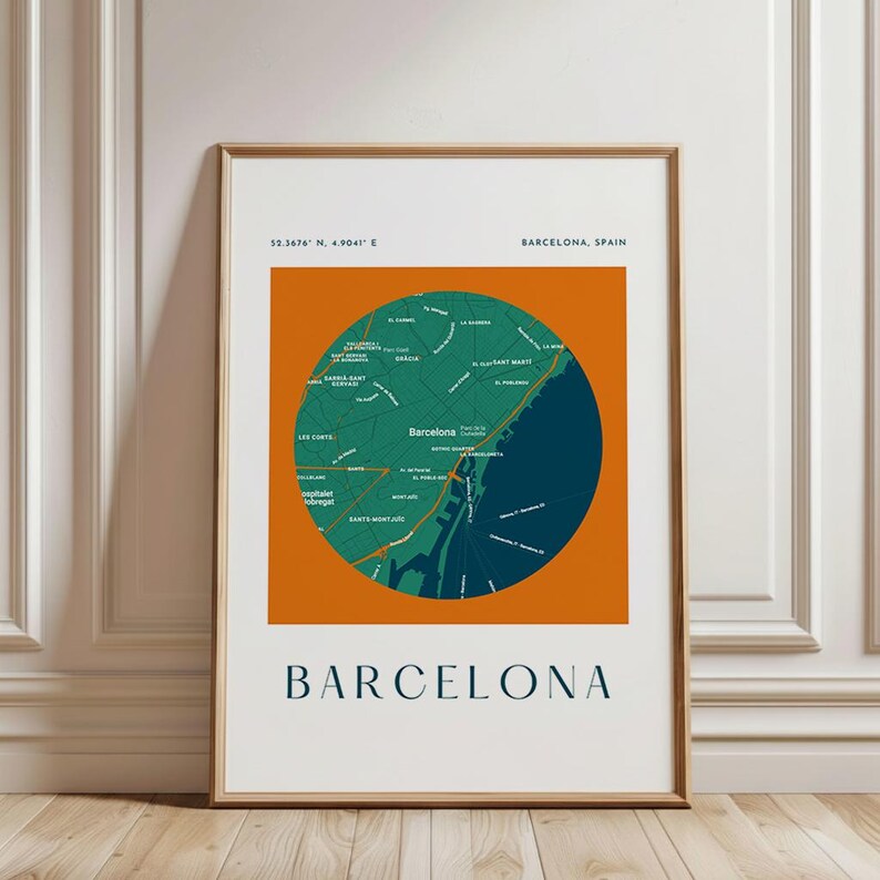Barcelona City Map Art Print Modern Circular Home Decor (digital