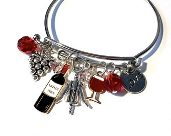 For the LOVE of WINE Charm Bracelet – Wine Lover Gift, Silver Bangle with Wine Glass Charm & Grapes – Funny Gift for Wine Enthusiast