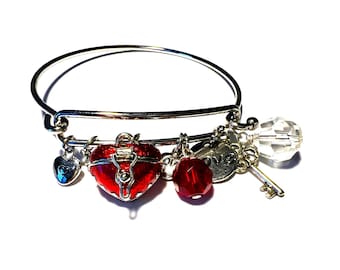 ALL ABOUT LOVE Puffed Heart Locket Charm Bracelet with Key, Hearts & Glass Beads – Romantic Gift for Her, Valentine Jewelry