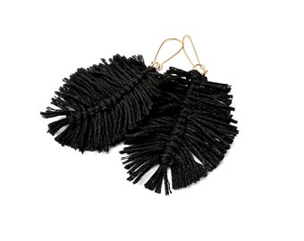 ROCKER BLACK FEATHER Fringe Earrings – Boho Chic Statement Jewelry, Festival Earrings, Gold Hook, Lightweight Rocker Style