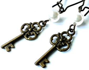 PEARL KEY CHARM Antique Bronze Earrings