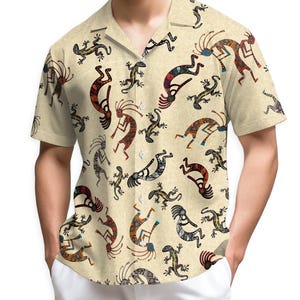 Vintage Kokopelli Hawaiian Shirt, Love Peace Southwestern Aloha Shirt, Tribal Boho Festival Button Up, Retro Desert Spirit Unisex Shirt