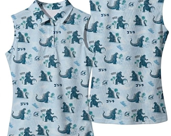 Kaiju Monster Golf Poloshirt, Ärmlös Golftröja Dam, Dinosaur Tropical Poloshirt, Japanskt Monstermönster