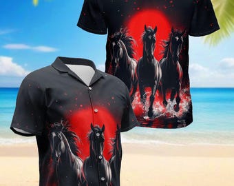 Kentucky Derby Floral Horse Shirt, Japanese Black Horse Hawaiian Shirt, Wild Horse Art Button-Up, Stylish Summer Casual Shirt