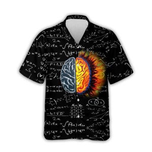 May include: Black button-up shirt with a white collar and a striking brain graphic. The brain is split, with one half a cool blue and the other a fiery orange. The background is covered in mathematical equations.