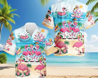 Flamingo Cocktails Beach Hawaiian Shirt, Tropical Summer Aloha Shirt for Men Women Youth, Fun Vacation Button-Up Beach Party Top, S-5XL