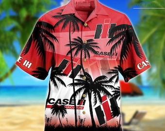 Case IH Agriculture Hawaiian Shirt, Red Palm Tree Aloha Shirt for Men Women, Summer Beach Shirt, Vacation Farmer Shirt, Tractor Gift