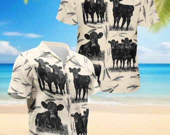 Cow Hawaiian Shirt Vintage Cattle Farm Lovers Shirt, Retro Farmer Gift Aloha Shirt Summer Unisex Button-Up Top, S–5XL