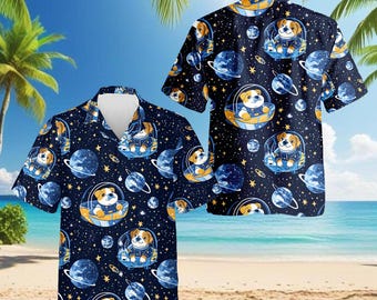 Ruimte Engelse Bulldog astronaut Hawaiiaans shirt, Unisex volwassen Aloha-shirt, uniek Outer Space Beach-shirt, S-5XL