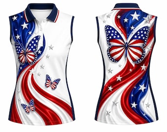 Ärmelloses Poloshirt mit Schmetterlingsmotiv für Frauen, Golfpolo mit amerikanischer Flagge, 4