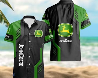 Camicia hawaiana John Deere Racing, camicia Aloha verde e nera per uomo e donna, camicia estiva da spiaggia, camicia da contadino per le vacanze, regalo per gli amanti dei trattori