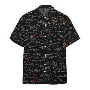 May include: Black button-down shirt covered in white mathematical equations, graphs, and diagrams. The equations are written in a variety of colors, including red, yellow, and blue. The shirt has short sleeves and a classic collar.