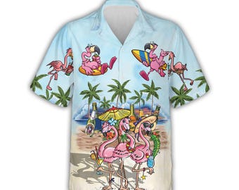 Flamingo Cocktails Beach Hawaiian Shirt, Tropical Summer Aloha Shirt for Men Women Youth, Fun Vacation Button-Up Beach Party Top, S-5XL